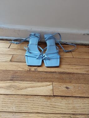 Zara Strappy Square-Toe Ankle Tie kitten heel Sandal in Light Blue